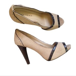 Ellen Tracy Nigel Leather Suede Open Toe Heels 7.5M Tan Brown